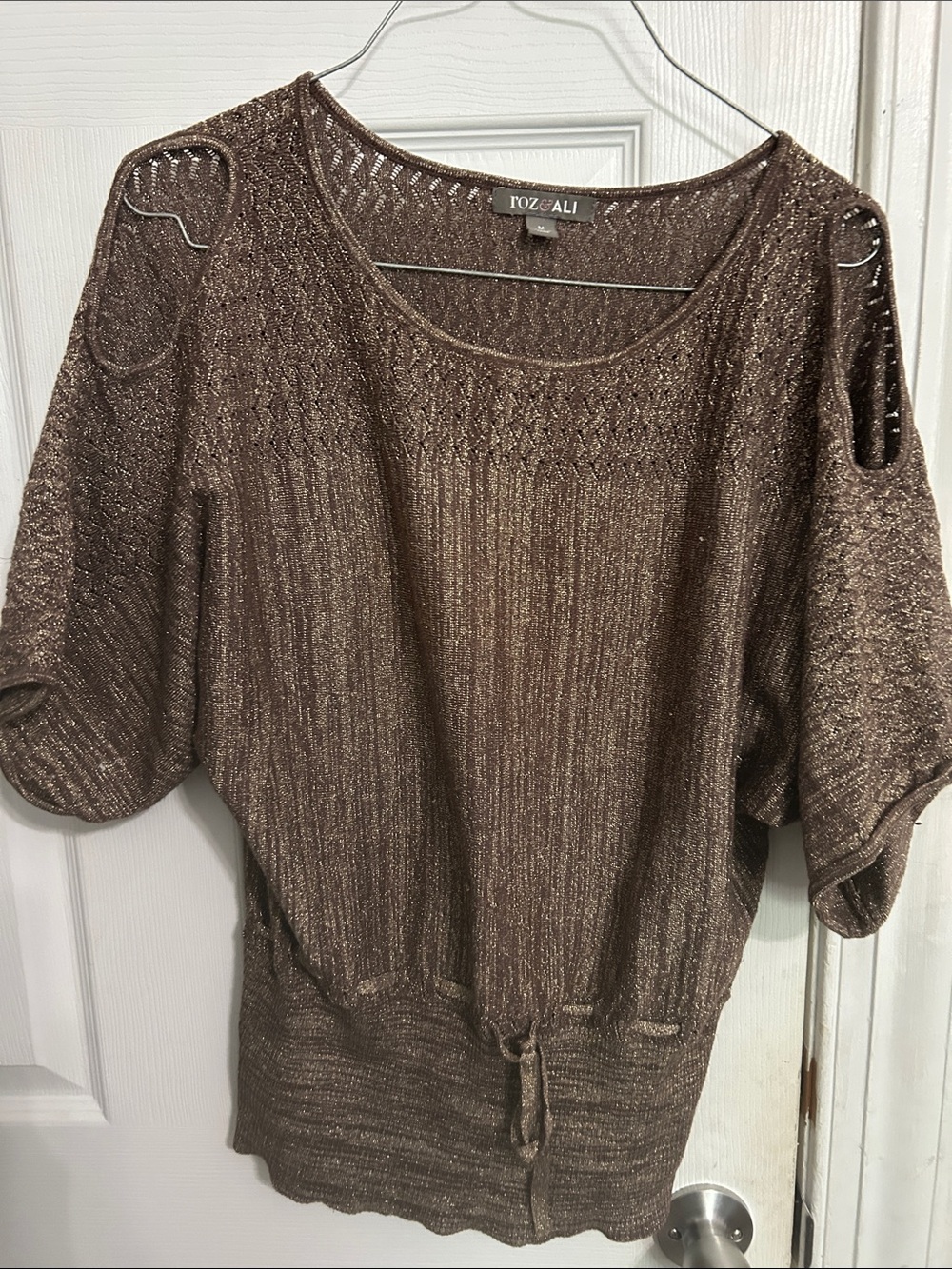 Roz & Ali Metallic Brown Open-Shoulder Knit Top with Drawstring
